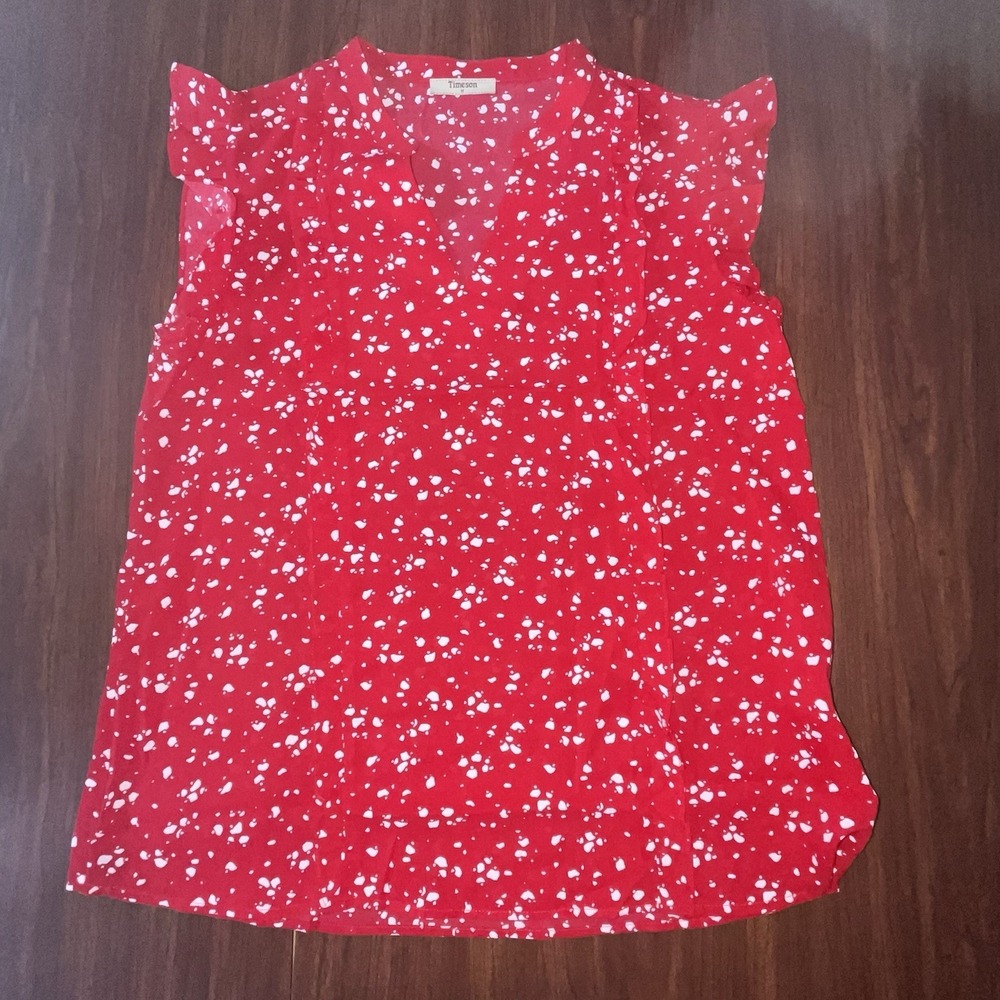Timeson Women's Medium Red/White Speckled Blouse Ruffle Trim V Neck Cap Sleeve
